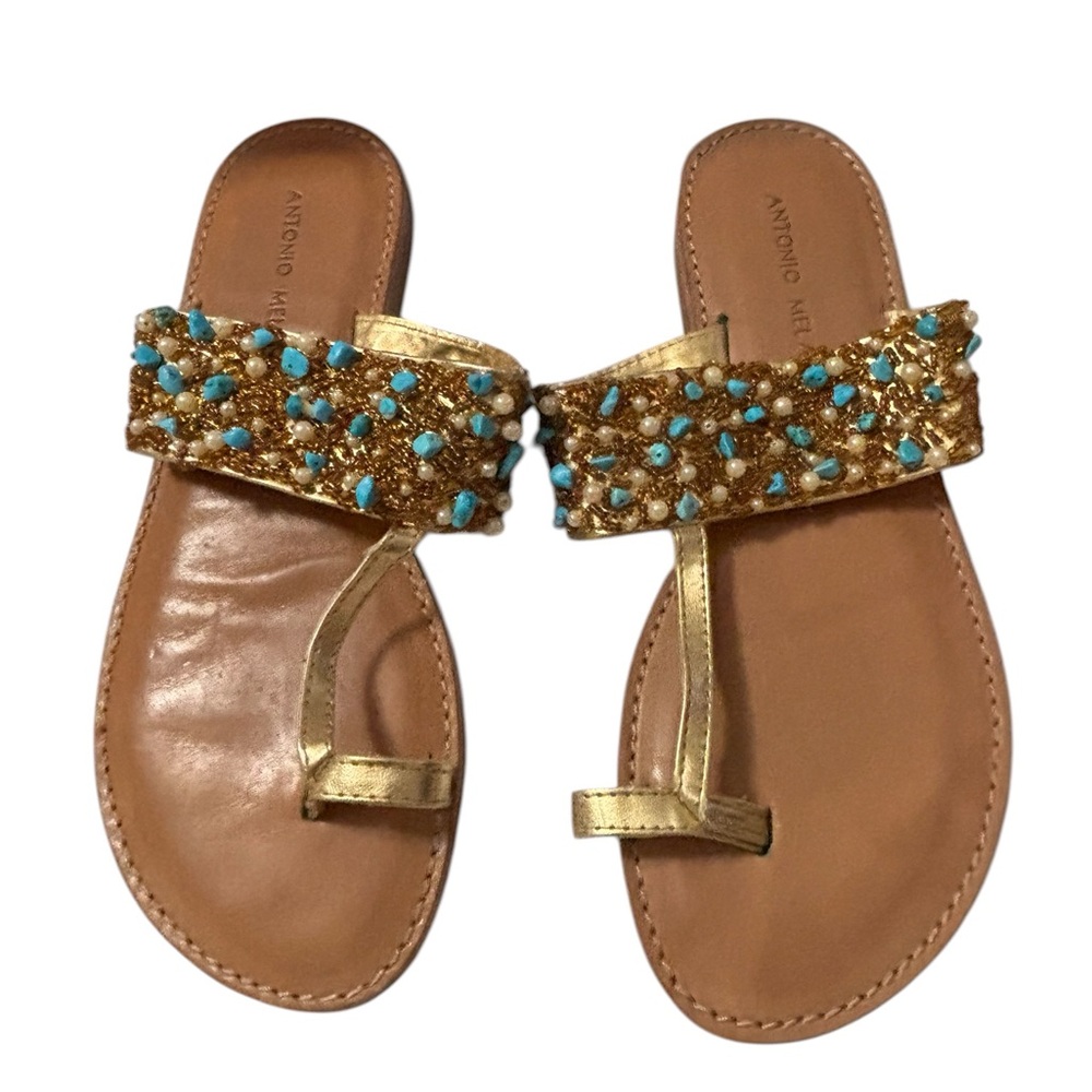 Antonio Melani Gold Beaded Turquoise Leather Toe-Ring Sandals